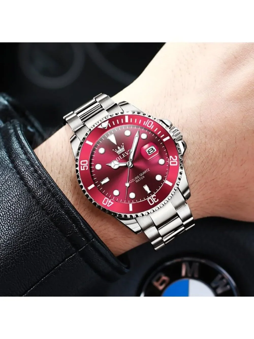 Men's Red Luxury Stainless Steel Waterproof Quartz Big Face Fashion Wrist Watch